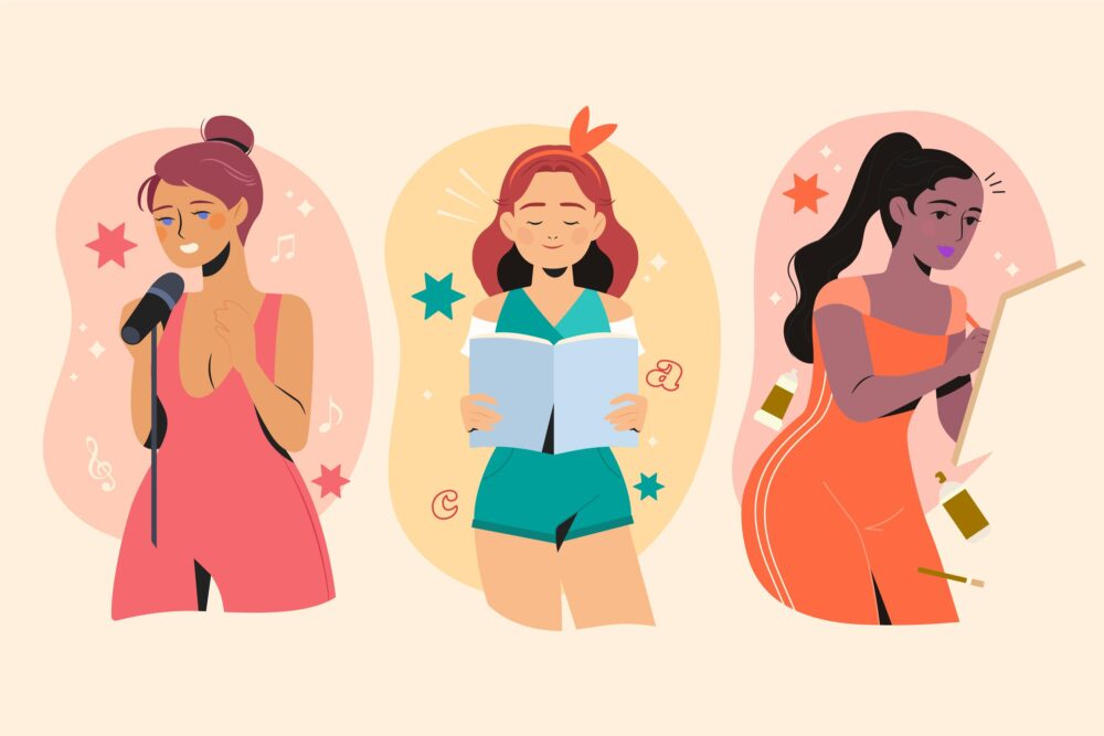 Mujeres cantando, leyendo y pintando